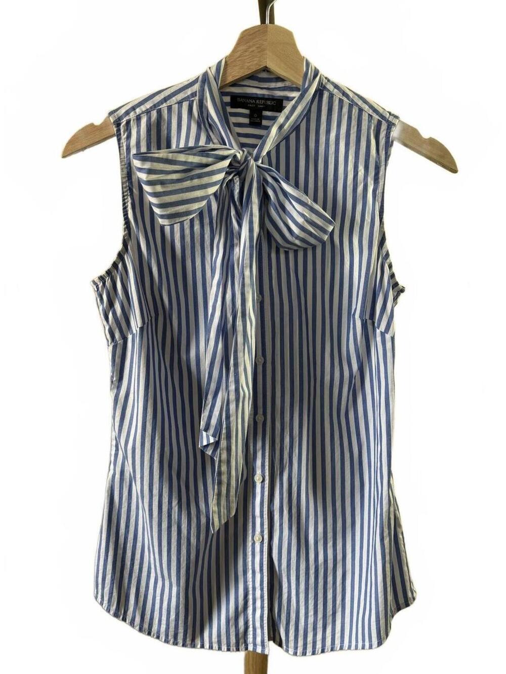 Banana Republic Sleeveless Blue and White Striped Button-Up Blouse with Bow